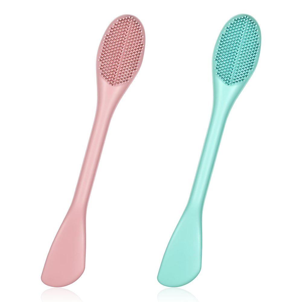 2 Pcs 2 in 1 Blackhead Removal Brushes Face Scrubber Face Cleaner Tool Double-Ended Exfoliating Massager Mask Brush Applicator Silicone Facial Pore Cleaning Brushes for Women Men(Pink, Green)