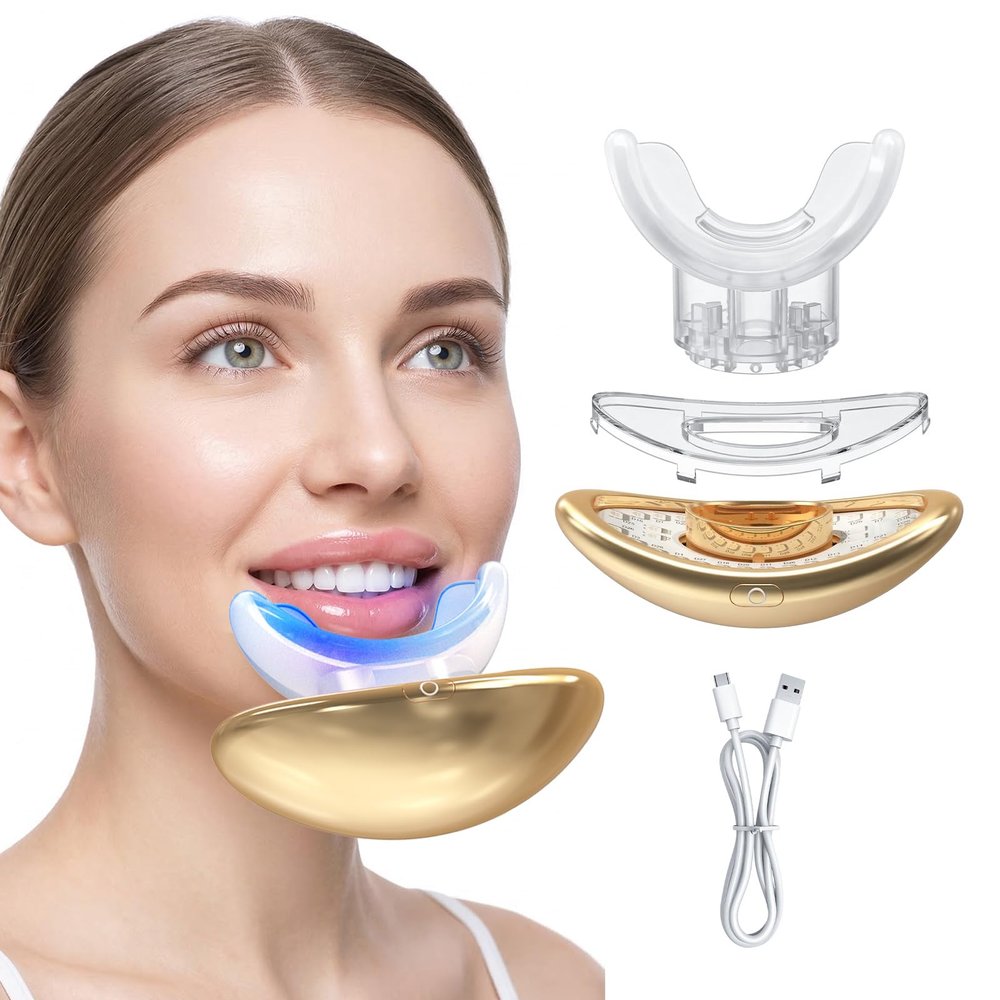 Rika Lip Plumper Device2 in 1 Lip and Teeth Care Tool, Smooth Lip Wrinkles, Lip Plumper, Teeth Whitening Kit, LED Accelerator Light, Teeth Whitening Gel 3ml*2,Whitens up to 10 Shades in 7 Days (Gold)