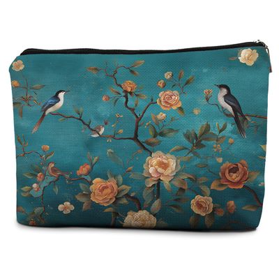 efgthyjdh Teal Chinoiserie Floral Bird Makeup Bag for Women, Vintage Traditional Oriental Flower Cosmetic Bags for Purse, Cottagecore Botanical Zipper Makeup Pouch