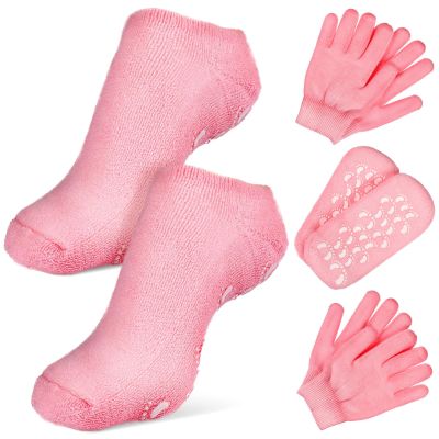 DIYEAH Spa Moisturizing Therapy Gloves and Socks Set 2 Pairs Pink for Dry Hand and Foot Skin Care Moisturizing Treatment Spa Gloves for Women
