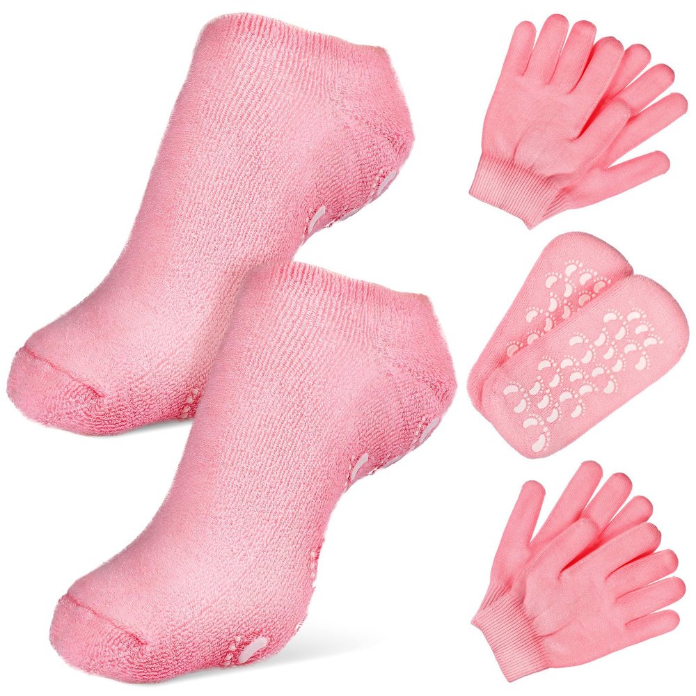 DIYEAH Spa Moisturizing Therapy Gloves and Socks Set 2 Pairs Pink for Dry Hand and Foot Skin Care Moisturizing Treatment Spa Gloves for Women