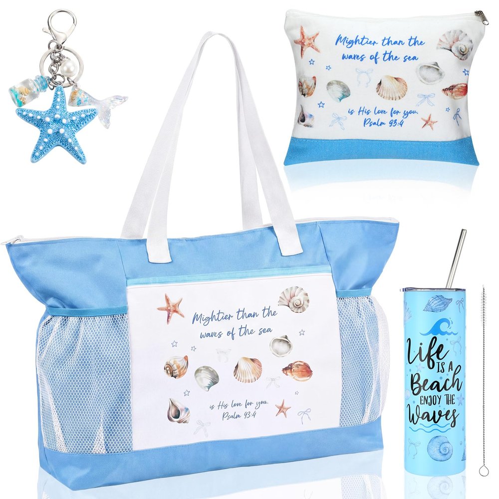 Sieral 4 Pcs Beach Gifts for Women Ocean Themed Gift Set Tote Bag Cosmetic Bag 20 oz Stainless Steel Tumbler Keychain Self Care Gifts Get Well Beach Gift Basket for Her Mom Sister Friend