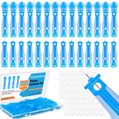 Xiuouix 60PCS Pimple Popper Kit with 72 Acne Patches, Disposable Blemish Tool for Whitehead, Blackhead, Pimple Clearing, Ultra-Fine 0.3mm Tip for Home/Travel Use (Blue)