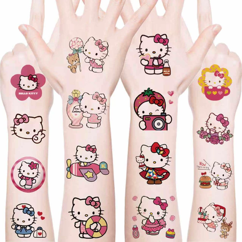 20pcs Cartoon Hello Cat Kitty Temporary Tattoos Birthday Themed Party Supplies Decoration Favors Cartoon Cute Waterproof Sticker for Home Activity Rewards (KT)