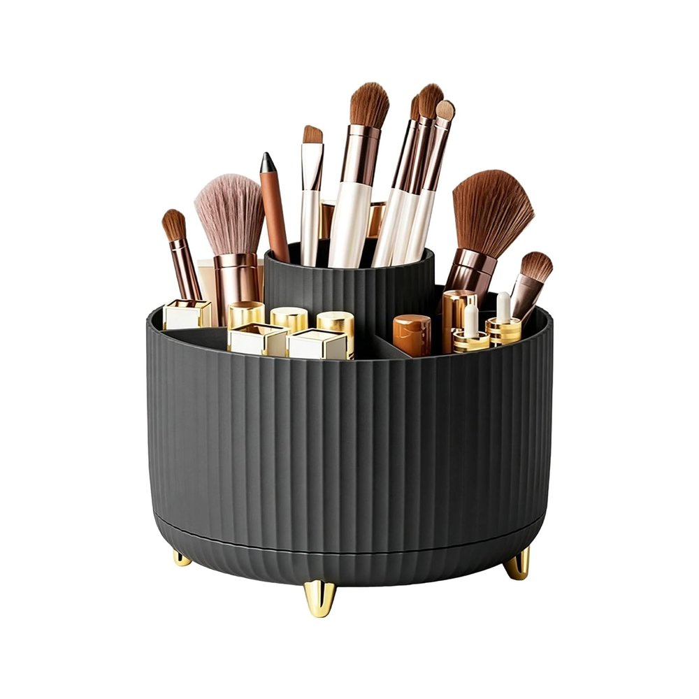 HJUHBDJ 360Rotating Makeup Brush Holder Organizer, Black Countertop Cosmetic Display Case, Spinning Skincare Storage Carousel for Vanity, Desktop & Bathroom