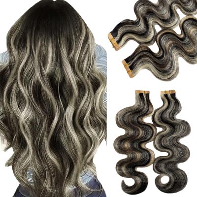 Human Hair Tape in Extensions 1BP613 Natural Black Highlight 613 Blonde 20Pcs 30G Invisible Seamless 14 Inch Skin Weft Body Wave Tape ins Extensions Human Hair for Women Wedding Soft Remy Hair