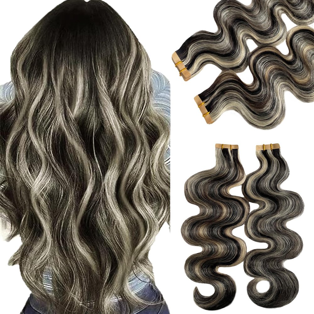 Human Hair Tape in Extensions 1BP613 Natural Black Highlight 613 Blonde 20Pcs 30G Invisible Seamless 14 Inch Skin Weft Body Wave Tape ins Extensions Human Hair for Women Wedding Soft Remy Hair