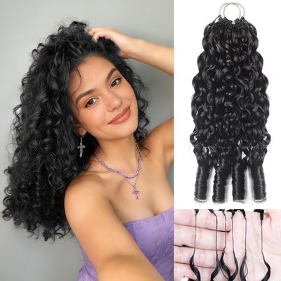 Burmese Curly Crochet Human Hair for Black Women 22 Inch Pre Separated Invisible Feather Crochet Human Hair Extensions 40 Strands 50g Black