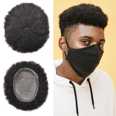 FNY HAIR Kinky Curly Afro Toupee for Black Men Real Human Hair Replacement System Poly Fine Mono Human Hair Unit African American Mens Wig Hairpiece #1 Jet Black 7X9 6MM