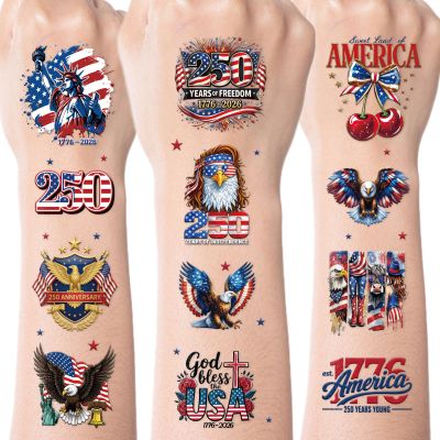 250 Anniversary 4th of July Temporary Tattoos, 8 Sheets Patriotic Fourth of July Tattoos Stickers, 250 Years American Birthday Party Favors Decorations for Independence Memorial Day Supplies Gifts