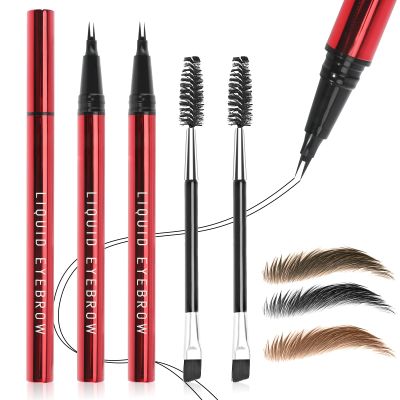 2PCS Microblading Eyebrow Pencils for Women with Eyebrow Brush, Waterproof & Lasts all Day & Highly Pigmented, 2-Fork Tip Precisely and Easily Create Natural Eye-brow Color Faux Brow (Dark Brown)