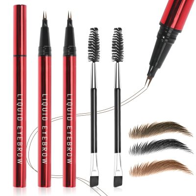 2PCS Microblading Eyebrow Pencils for Women with Eyebrow Brush, Waterproof & Lasts all Day & Highly Pigmented, 2-Fork Tip Precisely and Easily Create Natural Eye-brow Color Faux Brow (Light Brown)