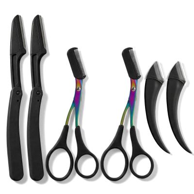 Classicseali 2Pcs Eyebrow Trimming Scissors,Eyebrow Trimmer Scissors, Brow Scissor with Comb, with 4 eyebrows trimmers,Comb Head Detachable, Hair Removal Beauty Accessories for Men Women, Black