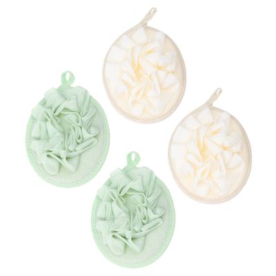 CATIEBYE 4pcs Bath Poufs Shower Balls Mesh Bath Scrubbers Soft Bubble Mesh Poufs for Daily Shower Use in Ivory and Dark Green