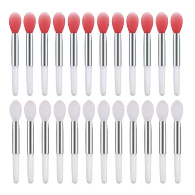 Abaodam 24pcs Portable Silicone Lipstick Brush and Lip Mask Applicator Set, Pink and Translucent Mini Lip Gloss Applicator Brushes for Womens Makeup Use