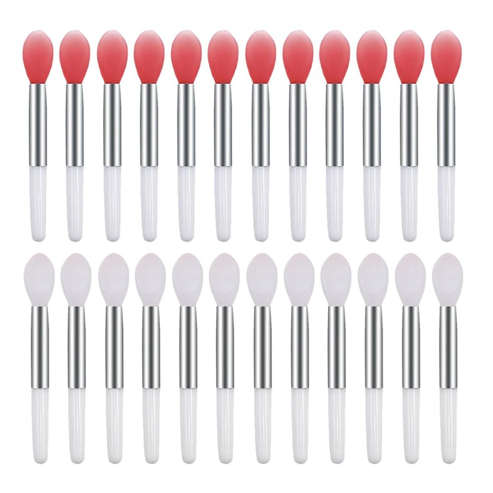 Abaodam 24pcs Portable Silicone Lipstick Brush and Lip Mask Applicator Set, Pink and Translucent Mini Lip Gloss Applicator Brushes for Womens Makeup Use