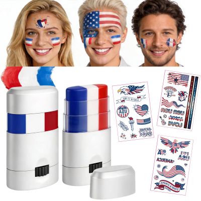 2pcs Red White Blue Face Paint Sticks - Sturdy Twist-Up Design No Break, USA Flag Color Stripe, w/ Temporary Tattoos for 4th of July, Baseball Eye Black, Sports Fan Body Paint for Adults