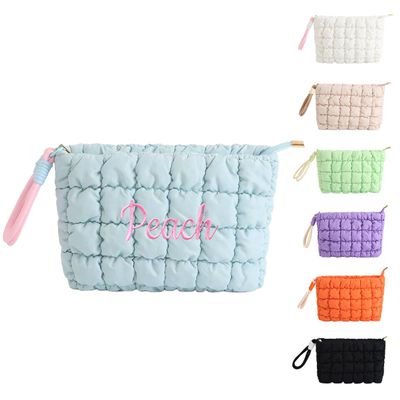 VRFASHION Personalized Puffer Quilted Makeup Bag with Handle Detachable Cute Puffy Cotton Cosmetic Bag, Custom Small Toiletry Zipper Make Up Pouch Purse, Checkered Storage Organizer Clutch Bag Blue