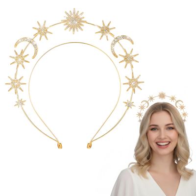 Tweruna Gold Halo Headband, Crystal Moon Star Halo Crown, Gold Rhinestone Goddess Crown Headpiece, Glitter Tiaras Hair Accessories for Women Bridal Wedding Cosplay Party