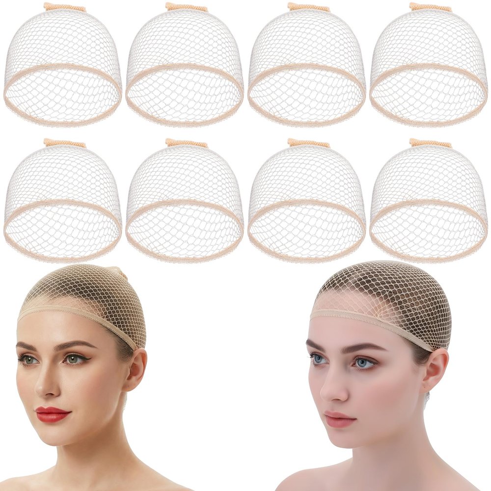 Sibba 8 PCS Weaving Wig Caps For Women Long Short Hair Open-End Mesh Hair Net for Wig, Non Slip Stretchy Nylon Stocking Caps for Wigs Christmas Carnival Cosplay Party (Beige)