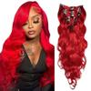 RED Long Wave Clip in Hair Extensions,18 Inch Soft Real Human Hair,Wine Red Long Wave Clip ins 120g 7pcs Per,Brazilian Double Weft Remy Human Hair Extensions. view 1