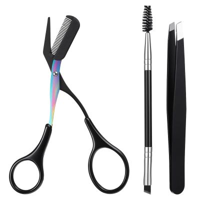 2 in 1 Eyebrow Scissors with Comb, 3 PCS Eye Brow Trimmer Set Portable Eyebrow Trimming Scissor Hair Removal Tweezers Double-Ended Eyebrows Spoolie Brush for Women Men, Black