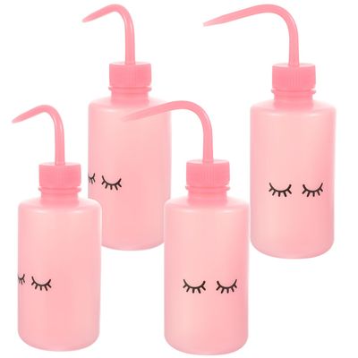 Cabilock 4pcs 250ml Squeeze Watering Bottles with Curved Nozzle for Indoor Plant Care and Eyelash Cleaning, Portable Plastic Gardening and Lash Wash Tools, Pink