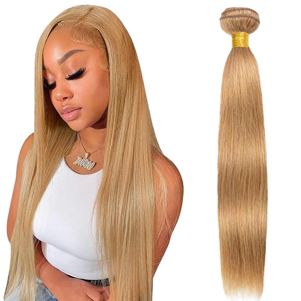Straight Human Hair Bundles 16 Inch Color #27 Honey Blonde Virgin 1 Bundle Golden Blonde Straight Bundles Human Hair Extensions 100G