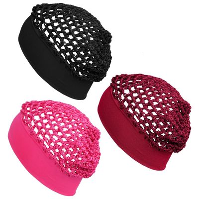 AllMatchWigs Wide Edge Elastic Band wrap Rayon Knit Snood Hat, Black, Hot Pink, and Burgundy, Stretchy Hair Net Cap, 3 Pack
