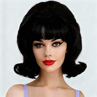 Dai Cloud Black Short Retro Wig for Women 50s 60s Bouffant Beehive Wigs with Bangs Shoulder Length Synthetic Fiber Wig for Party Halloween Costume Use