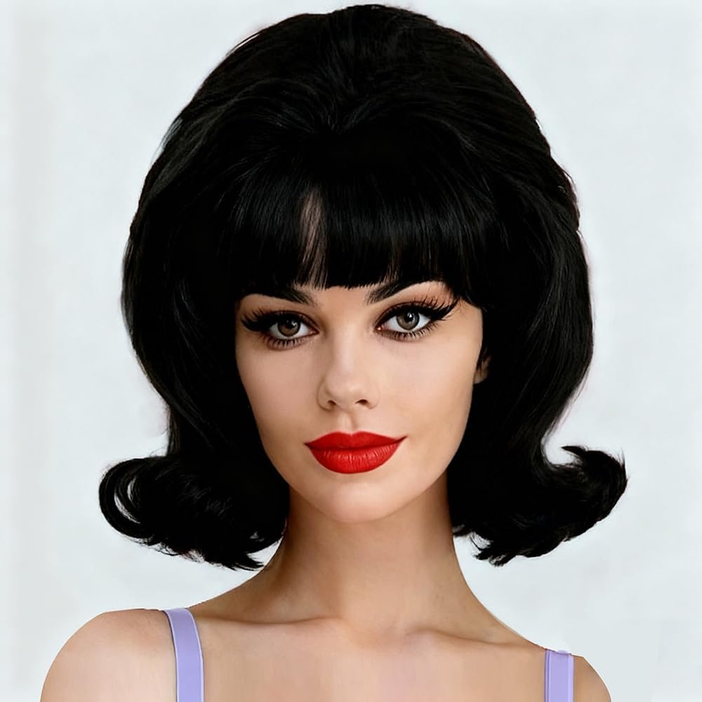 Dai Cloud Black Short Retro Wig for Women 50s 60s Bouffant Beehive Wigs with Bangs Shoulder Length Synthetic Fiber Wig for Party Halloween Costume Use