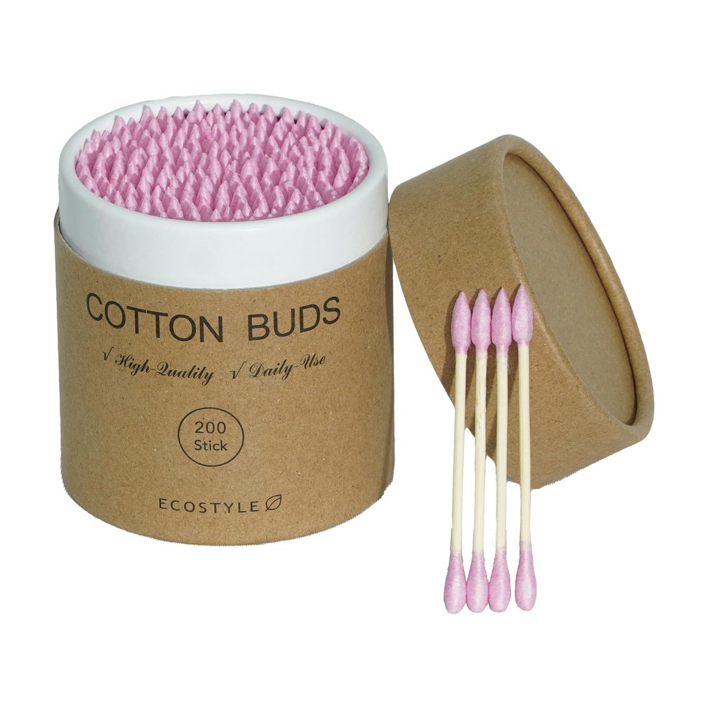 200 Count Pink Bamboo Cotton Swabs, Dual-Tip Wooden Cotton Buds for Ear Cleaning, Makeup, Nail Art & Electronics, Biodegradable Cotton Swabs with Portable Paper Tube