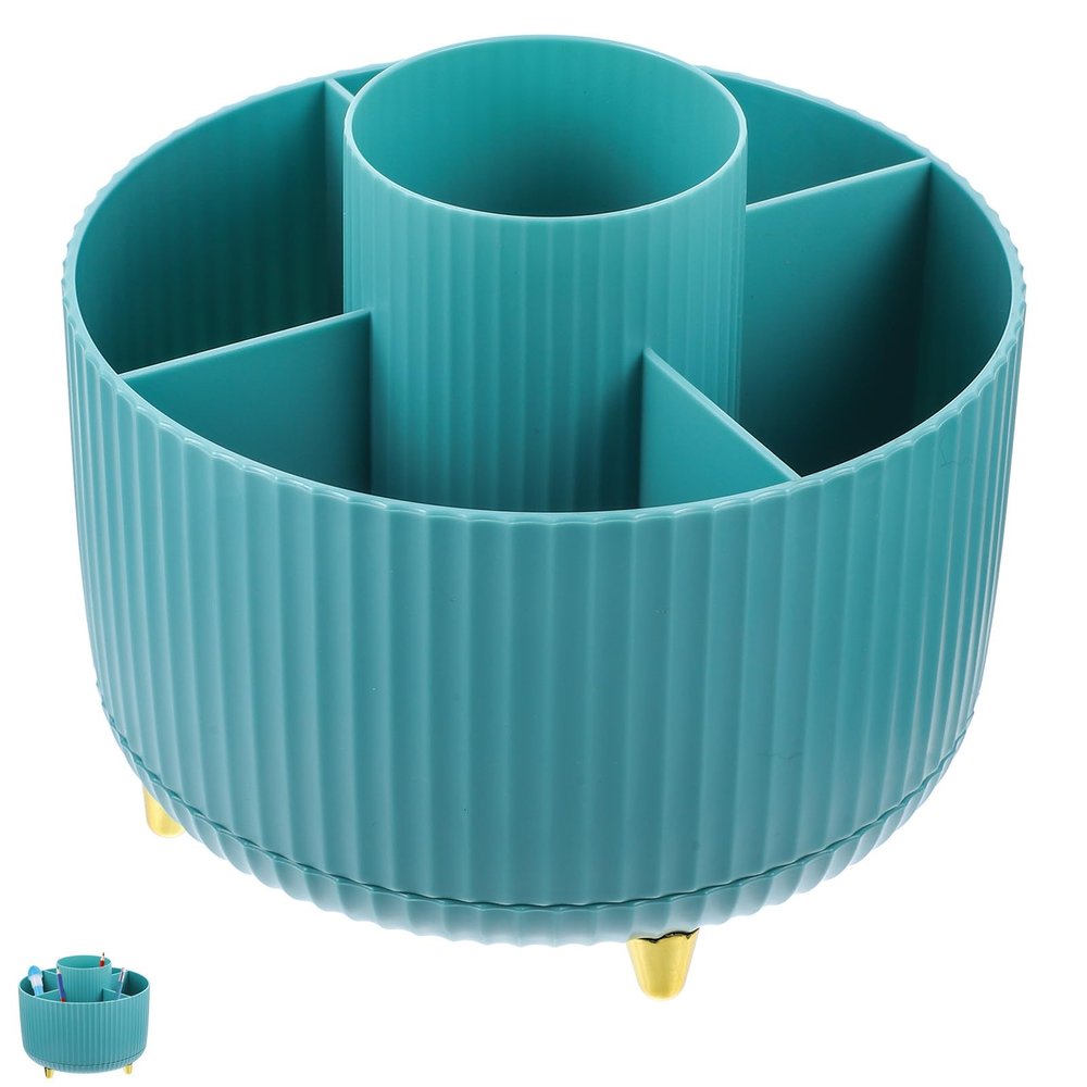 VICASKY Rotating Makeup Brush Holder with 5 Compartments, 360 Spinning Cosmetic Brush Organizer, Dustproof Light Blue Desktop Pen and Pencil Holder for Office and Vanity Storage