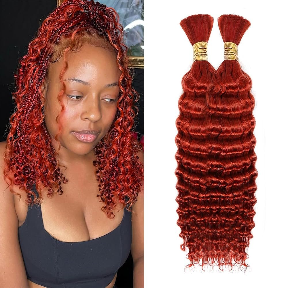 Human Braiding Hair for Boho Red Deep Wave Bulk Bohemian 14 14 Inch 12A Red Wet and Wavy Curly Human Hair Extensions No Weft 2 Bundles/Pack