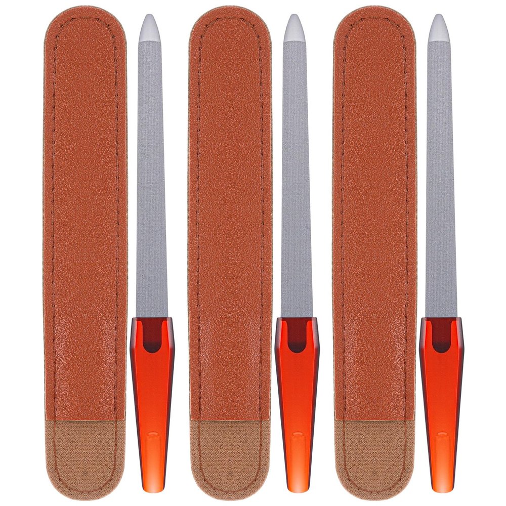 3 Pack Metal Nail File with Sheath for Natural Nails, 6.9 Inches Stainless Steel Double Sided Metal Fingernail File with Case and Curved Pointed Tip for Men, Women, Brown