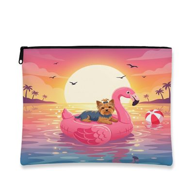 Funny Yorkies Dog Makeup Bag, Flamingos Lifebuoys Sea Cosmetic Travel Pouch for Women Girls, Portable Small Canvas Zipper Organizer, Pet Toiletry Bag 7x9 Inch