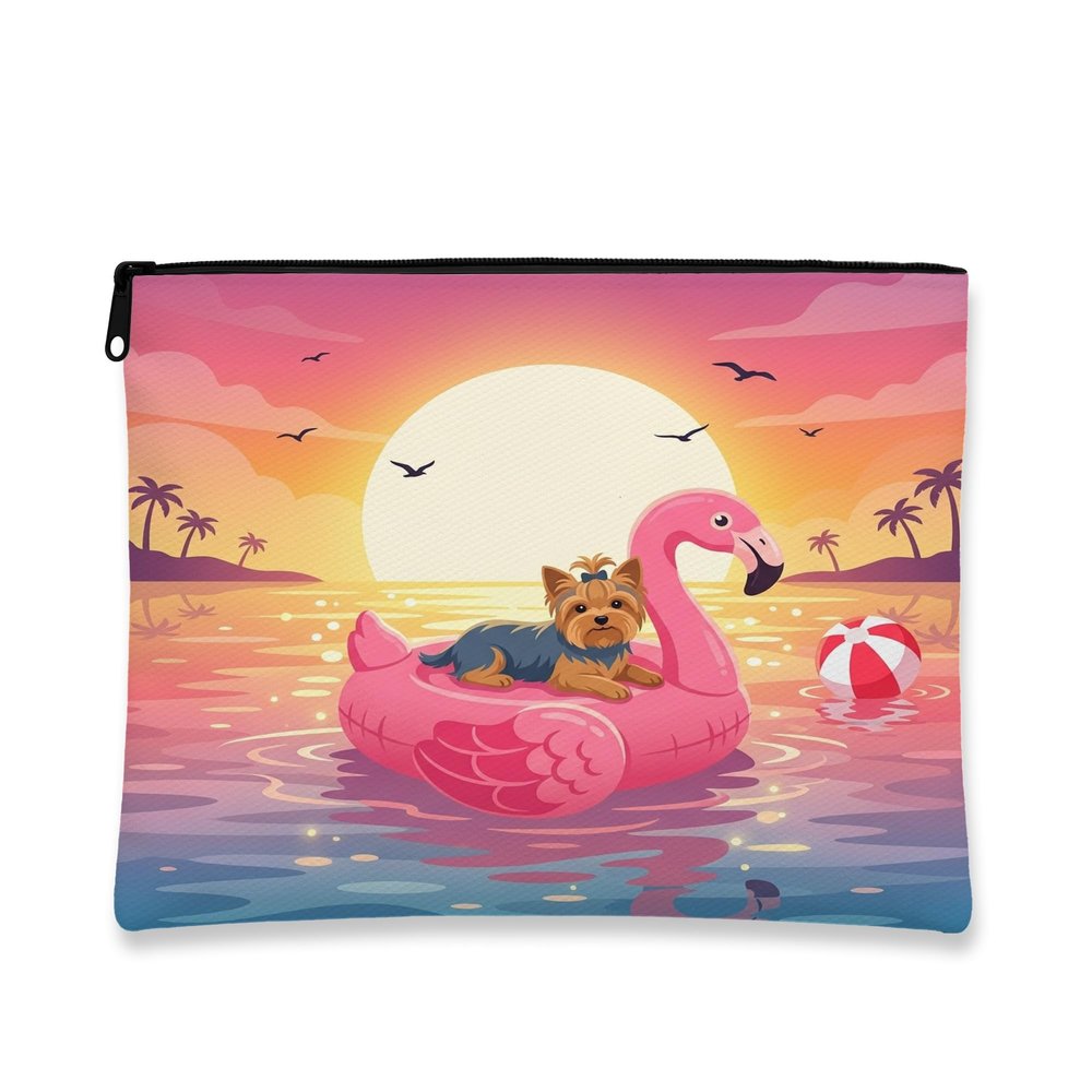 Funny Yorkies Dog Makeup Bag, Flamingos Lifebuoys Sea Cosmetic Travel Pouch for Women Girls, Portable Small Canvas Zipper Organizer, Pet Toiletry Bag 7x9 Inch