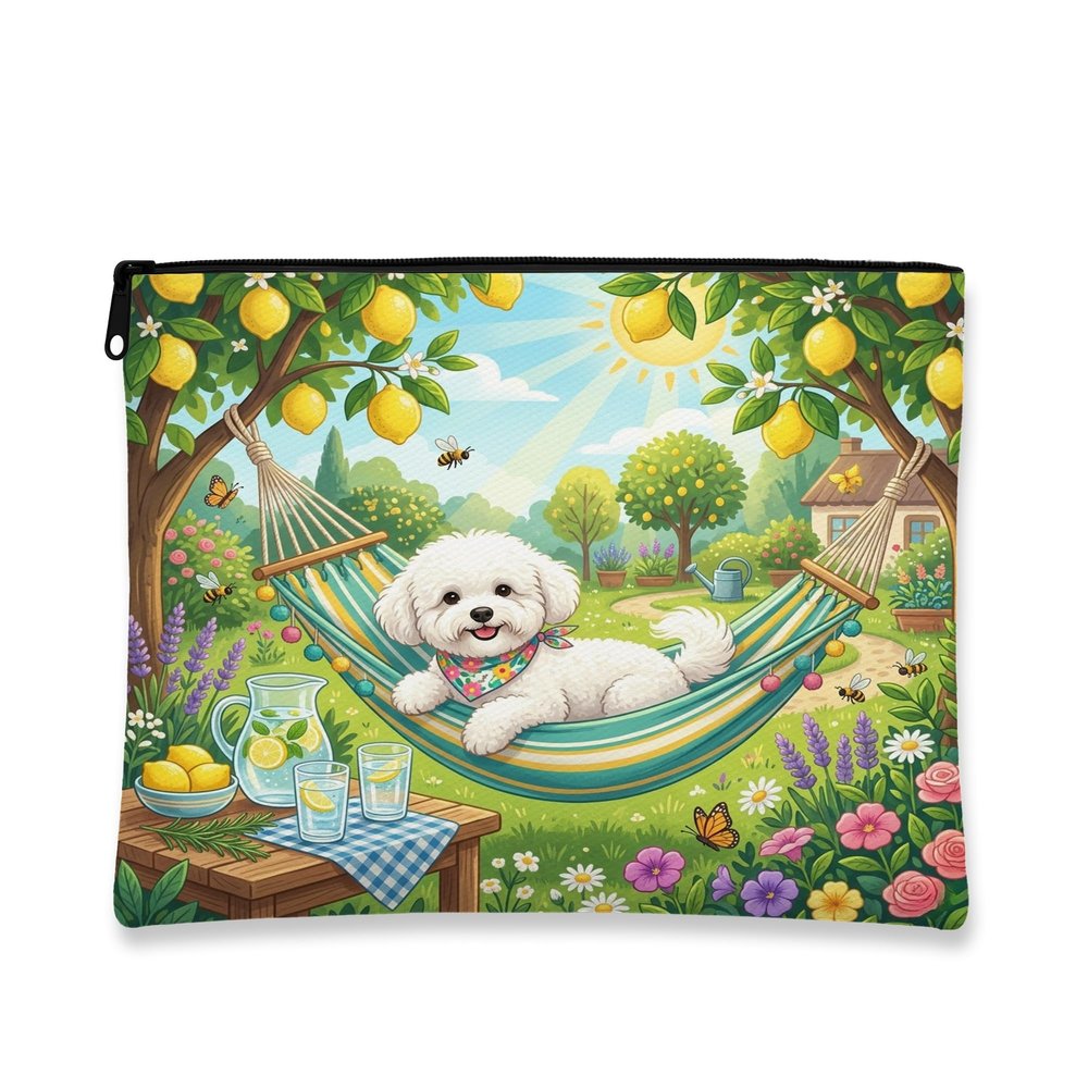 Bichon Frise Dog Makeup Bag, Country Lemon Floral Plant Cosmetic Travel Pouch for Women, Gifts for Girls, Pet Portable Small Canvas Zipper Organizer 7x9 Inch