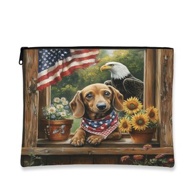 4th of July Dachshund Dog Makeup Bag 7x9 Inch for Travel Purse, 250 Years Farmhouse Cosmetic Pouch for Women, Patriotic Anniversary Portable Canvas Zipper Organizer Toiletry Pouch