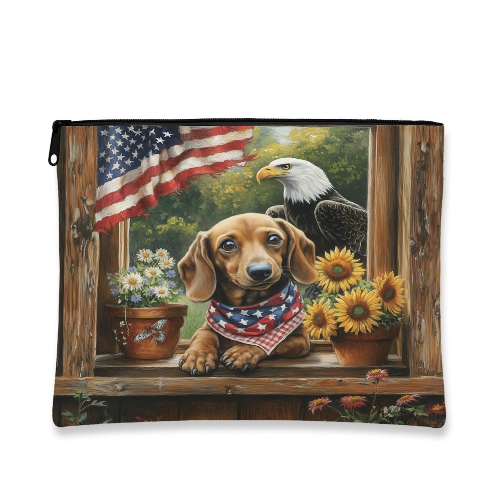 4th of July Dachshund Dog Makeup Bag 7x9 Inch for Travel Purse, 250 Years Farmhouse Cosmetic Pouch for Women, Patriotic Anniversary Portable Canvas Zipper Organizer Toiletry Pouch