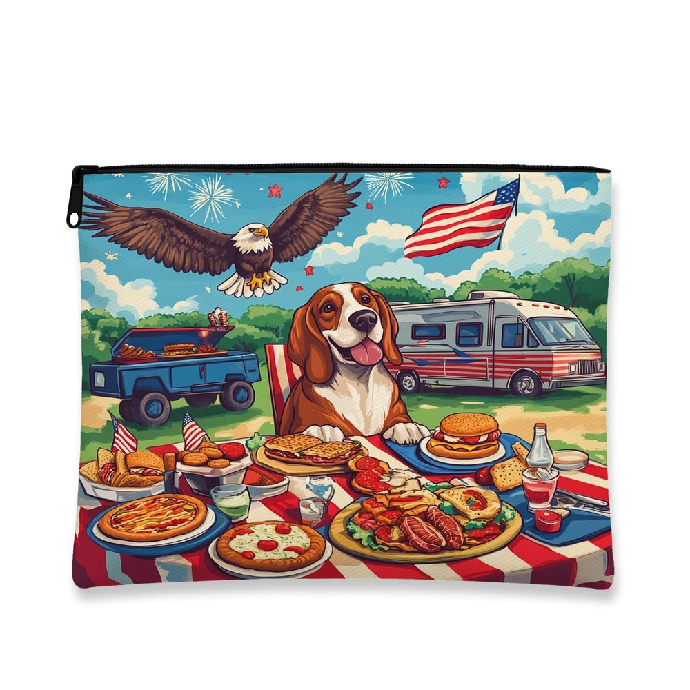 4th of July Basset Hound Dog Makeup Bag 7x9 Inch for Travel Pouch, 250 Years BBQ Print Cosmetic Pouch for Women, American Anniversary Portable Canvas Zipper Organizer