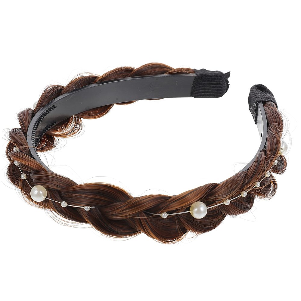 BETOOKY Braided Fishbone Headband with Teeth, Wide Plaited Hairband for Women, Pearl Accent Light Brown Hair Accessory for Daily Wear and Hair Decoration