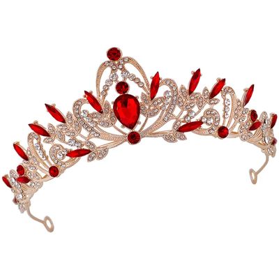 PRETYZOOM Rhinestone Crown Tiara Headband for Women, Retro Elegant Headdress Hair Accessory, Gold-red Vintage Style Wedding Party Festival Photo Prop