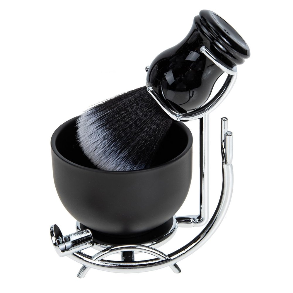 ibasenice Shaving Brush and Bowl Set for Men, 3pcs Black and Silver Alloy Stand with Foam Brush, Beard Grooming Tool for Wet Shaving and Facial Care
