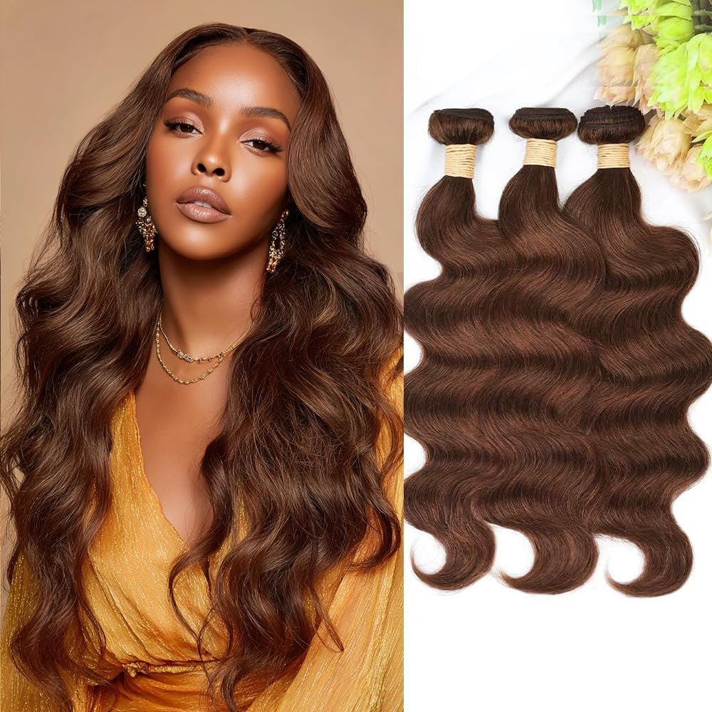 Chocolate Color Light Brown Body Wave Bundles Human Hair Brazilian Hair Extensions Sew In 9A Grade 100% Unprocessed Virgin Remy Human Hair Weave Extensions (Body 4#, 10 10 10)