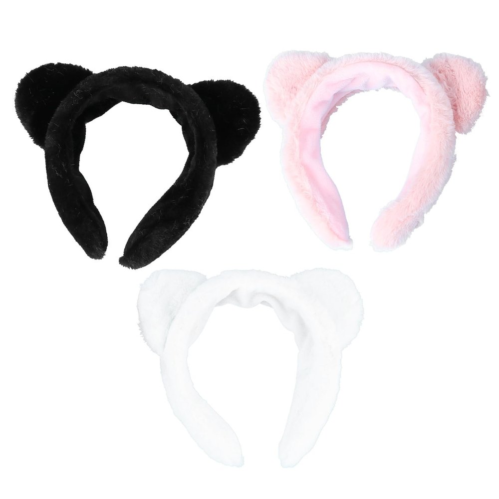 TOGEVAL 3pcs Plush Cat Ear Headbands for Women Wide Soft Face Washing Hair Wraps Makeup Hair Bands Comfortable Elastic Accessories for Spa and Daily Use