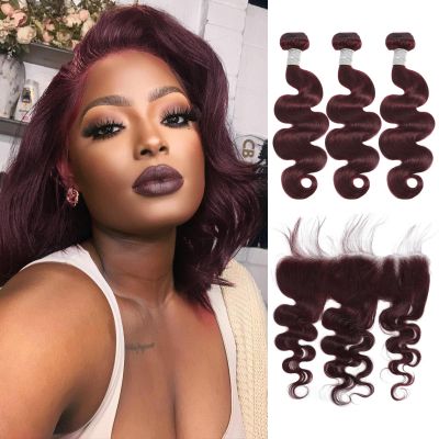 MOMOSHERO 99j 3 Bundles with 13x4 Ear to Ear HD Frontal Human Hair Body Wave 101214+10 Inch, 100% Brazilian Virgin Remy Dark Cherry Bundles with Frontal Pre Plucked