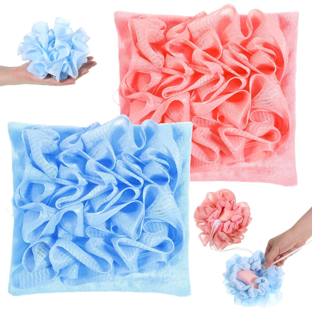 2 Pcs Drawstring Bar Soap Loofah Pouch, 2 in 1 Soap Bar Loofah, Exfoliating Mesh Shower Ball, Dual-Sided Body Scrubber Washcloth for Gentle Skin Smoothing (Pink, Blue)