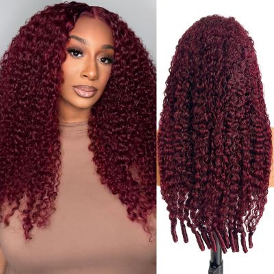 MOOTAFUL 5x5 Burgundy Lace Closure Wigs Human Hair 200% Density Burmese Curly Wig 18 Inch 99J