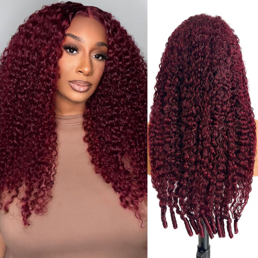 MOOTAFUL 5x5 Burgundy Lace Closure Wigs Human Hair 200% Density Burmese Curly Wig 18 Inch 99J